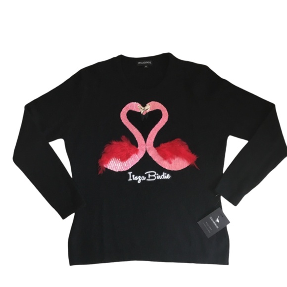 NEW ItzsaBirdie Cashmere Pink Love Flamingo Sweater In Black - Picture 3 of 13